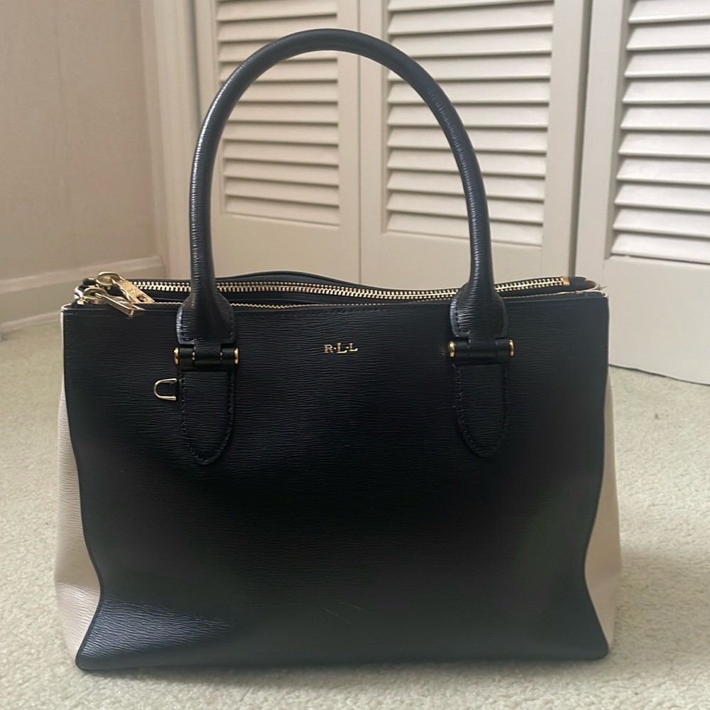Lauren Ralph Lauren doctor bag purse black w/ cream side panel 3 compartments